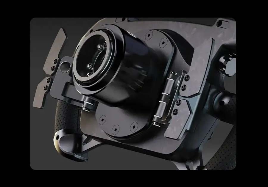 Volant Moza Racing GS V2P (PC) černý Detailní záběr na zadní stranu volantu s pádly řazení.