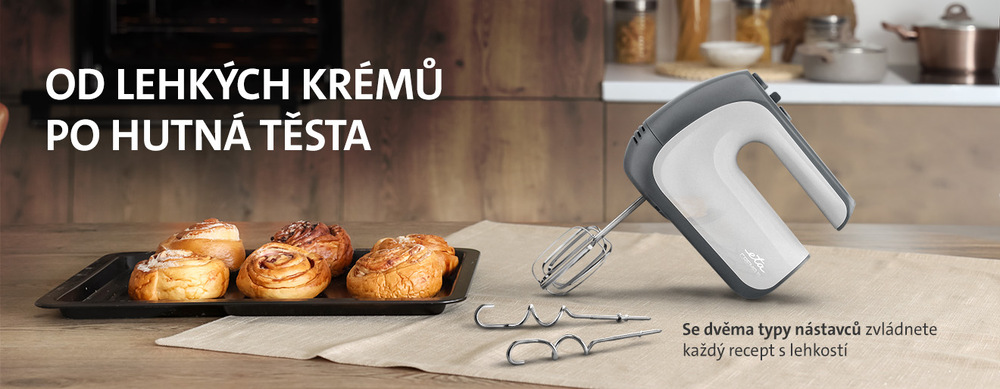 Produktový banner ručního šlehače ETA Crema III na kuchyňské lince. Vedle přístroje leží hnětací háky a plech s upečeným sladkým pečivem. Texty: Od lehkých krémů po hutná těsta – Se dvěma typy nástavců zvládnete každý recept s lehkostí.