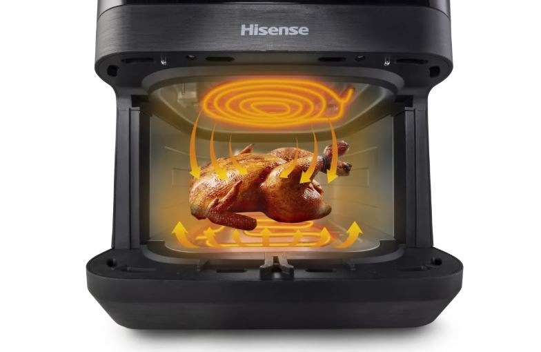 Fritéza horkovzdušná Hisense HAF2100DCD DUAL HEATER černá kuře se peče v horkovzdušné friteze Hisense HAF2100DCD a kolem nej jsou šipky, jak proudí vzduch,