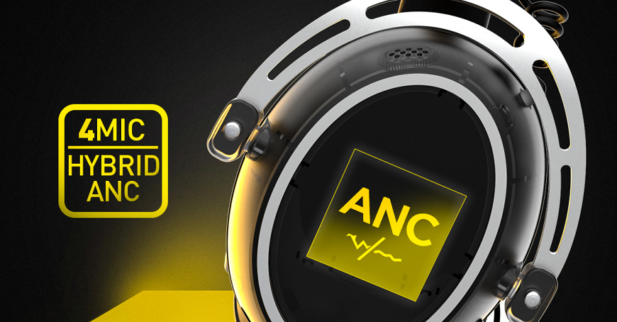 Schéma mikrofonů hybridního ANC v mušli headsetu HATOR Hypergang 3 Wireless