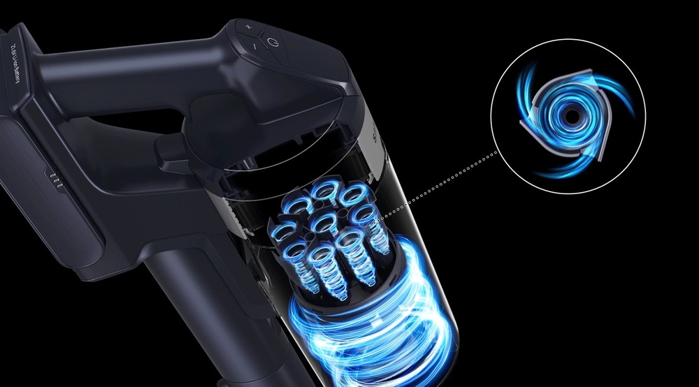 Tyčový vysavač Samsung JET 75E complete VS20B75ACR5/GE stříbrný Detail cyklonové filtrace tyčového vysavače Samsung JET 75E complete VS20B75ACR5/GE s modře znázorněným prouděním vzduchu