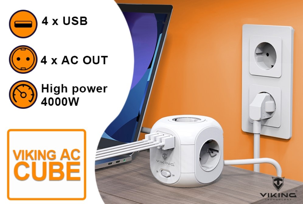 Kabel prodlužovací Viking AC CUBE 4x zásuvka, 3x USB, 1x USB-C, 1,8 m bílý