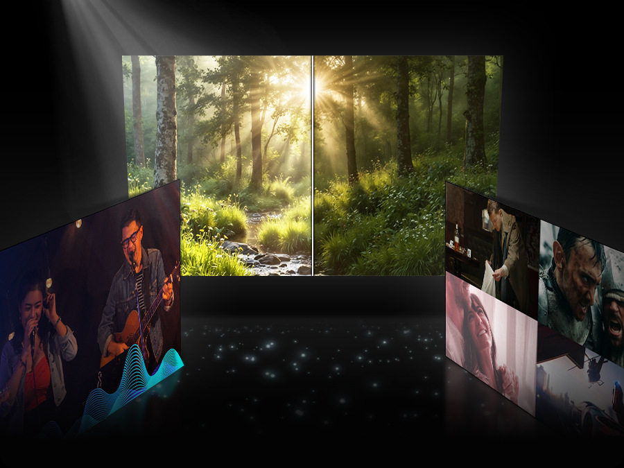 Televize Samsung QE77S95F - Obrazovka televize zachycující prosluněný les, obraz je rozdělen v půlce, poloviny obrazu mají odlišný jas - funkce přizpůsobení obsahu v režimu AI
