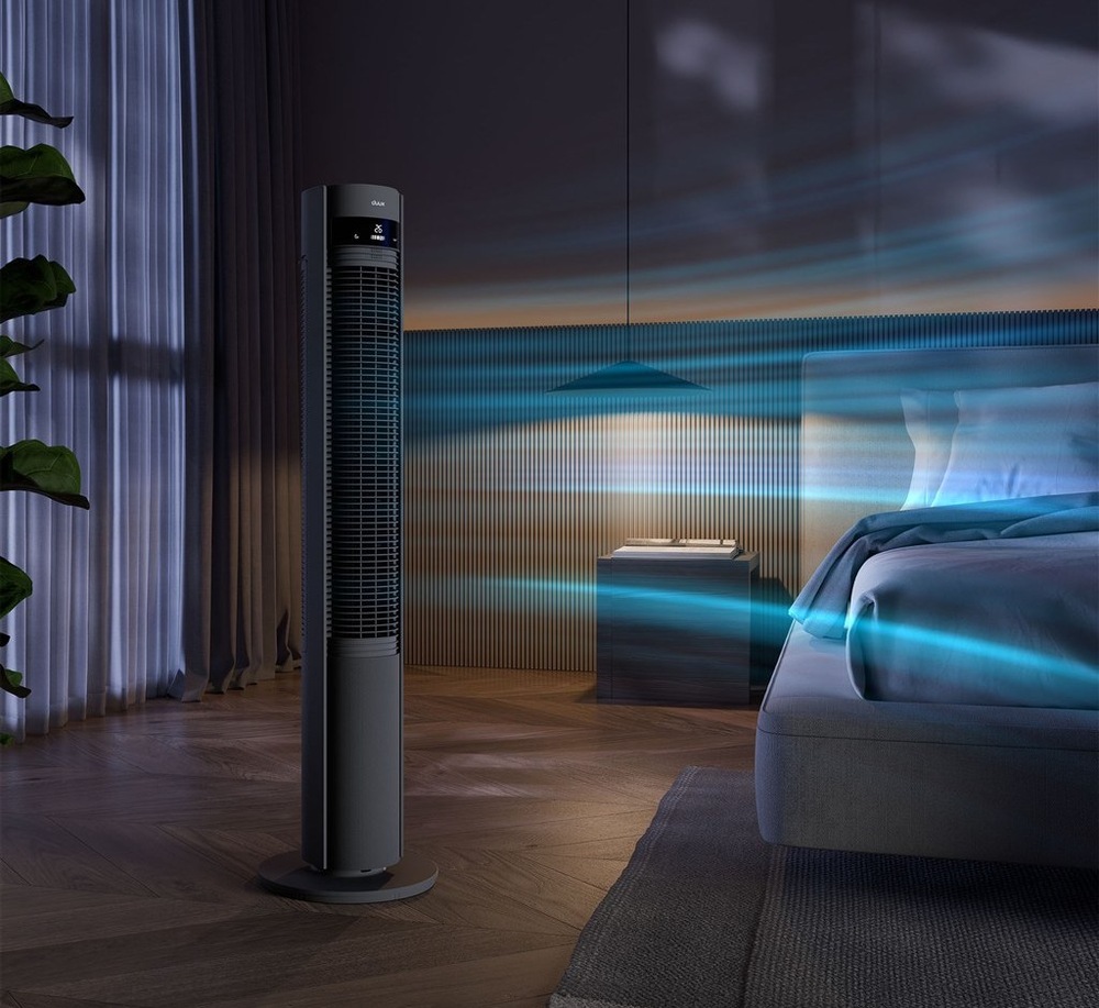 věžový ventilátor Duux Elevate Tower Smart v ložnici s prouděním vzduchu