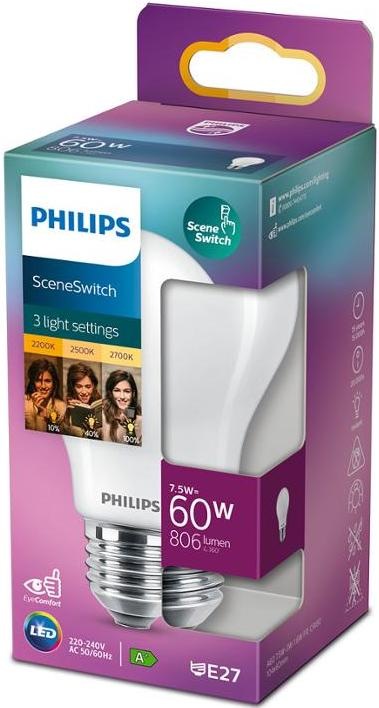 Žárovka LED Philips SceneSwitch, klasik, 7,5W, E27, teplá bílá