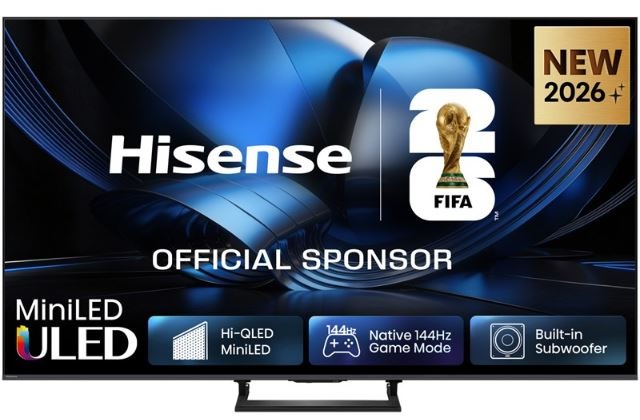 Televize Hisense 100U7SE Hisense 100U7SE v pohledu ze předu. Na obrazovce jsou modré obrazce a text.