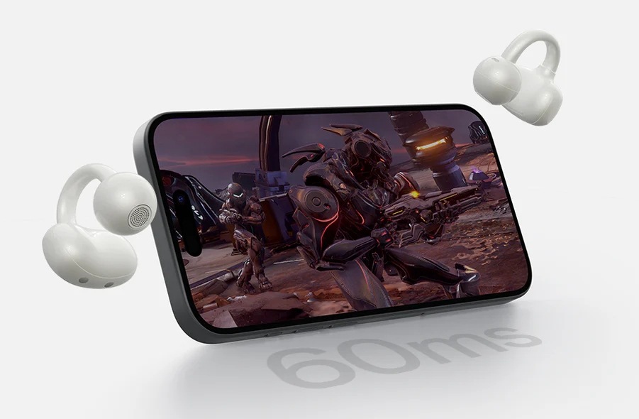 Sluchátka OneOdio OpenRock E – Sportovní otevřená bezdrátová, Bluetooth bílá Smartphone s hrou a vedle něj položená sluchátka OpenRock E