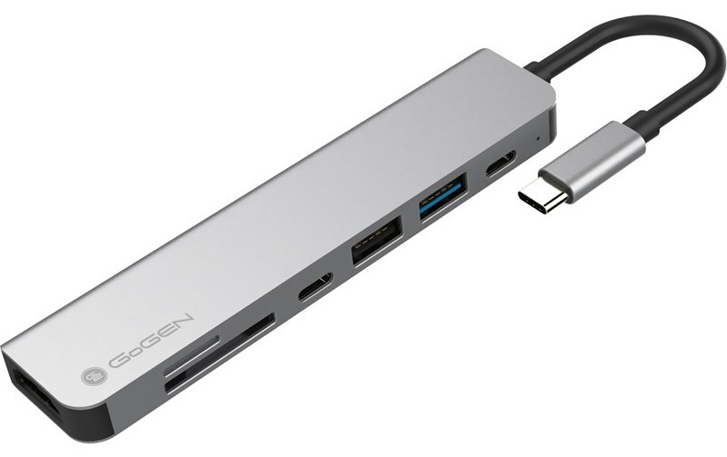 Šedý kovový USB-C hub GoGEN se čtečkou SD a MicroSD karet, porty HDMI a USB
