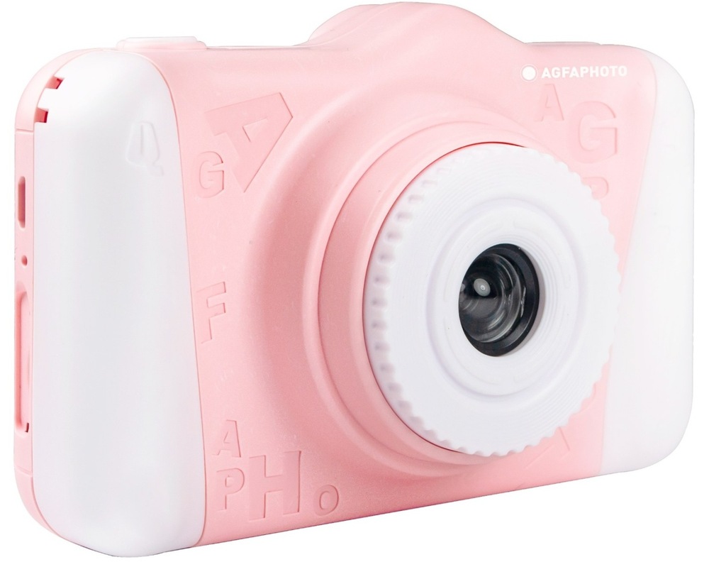 Digitální fotoaparát AgfaPhoto Realikids Cam 2 růžový Přední pohled na objektiv dětského fotoaparátu AgfaPhoto Realikids Cam 2.