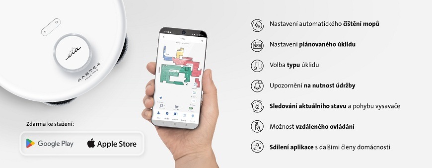 Robotický vysavač ETA Master Aqua Pro ovládaný mobilní aplikací s možností plánování úklidu, sledování stavu, vzdáleného ovládání a sdílení s dalšími uživateli