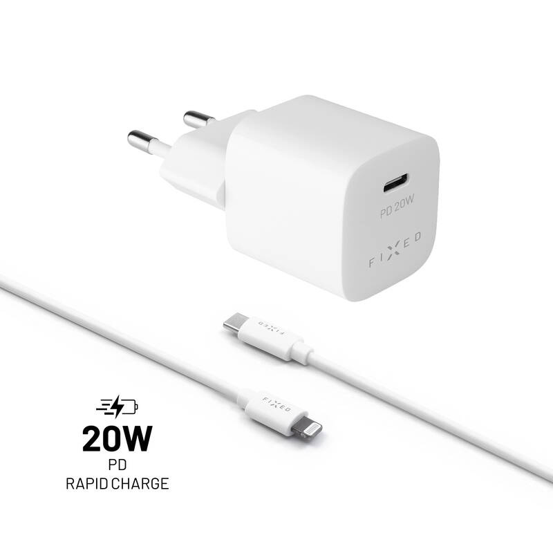 Nabíječka do sítě FIXED Mini USB-C PD 20W, MFI + Lightning kabel 1m bílá