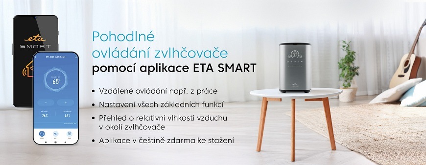 Zvlhčovač vzduchu ETA Noble Smart 5629 90000 šedý Ovládání zvlhčovače vzduchu ETA pomocí mobilní aplikace ETA SMART – ukázka telefonu s aplikací a zvlhčovače umístěného na stole v moderním interiéru