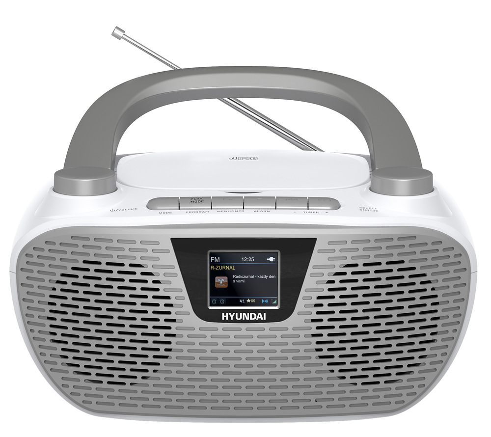 Radiopřijímač s CD Hyundai TRC 544 AU3WT bílý/titanový Bílo-stříbrné přenosné rádio Hyundai s CD přehrávačem, teleskopickou anténou a detailním pohledem na boční konektory (3,5mm jack) – pohled z levého úhlu.