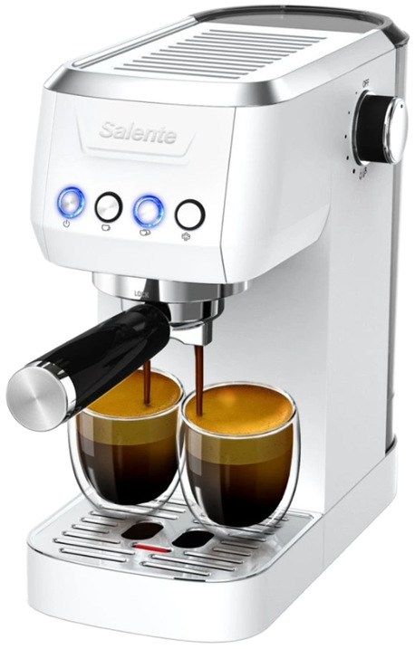 Espresso kávovar Salente COFFIO 2026, při přípravě dvou espres do sklenic.