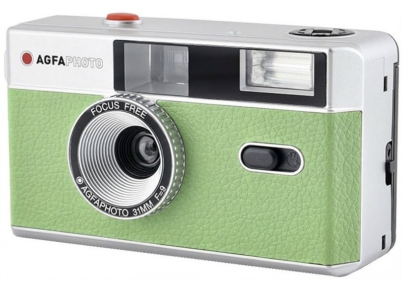 Analogový fotoaparát AgfaPhoto s vestavěným bleskem, zelená barva