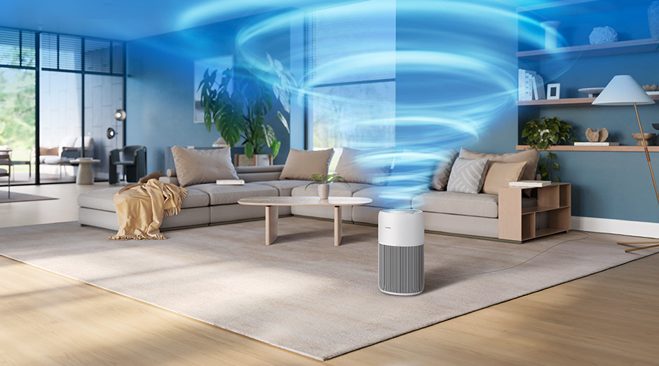 Vír znázorňující čištění vzduchu vycházející z čističky Philips AC2220/10 2000 Series v obývacím pokoji