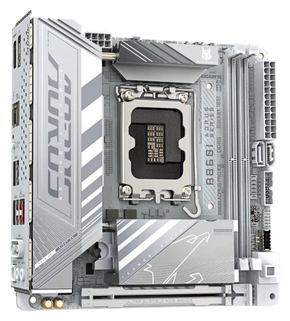 Základní deska GIGABYTE B860I AORUS PRO ICE Pohled shora na Gigabyte B860I AORUS PRO ICE, mini-ITX základní desku v bílém provedení se socketem LGA1851 a masivními pasivy
