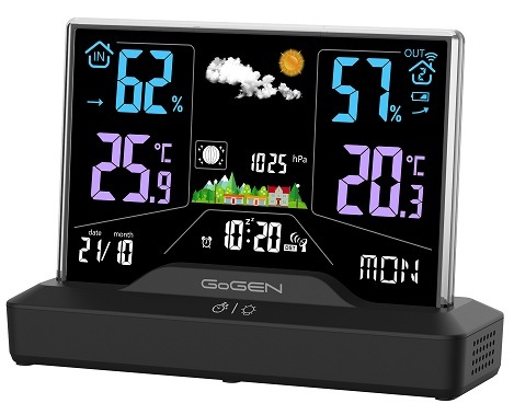Bezrámečková meteostanice GoGEN ME 2000 s podstavcem, zobrazující naměřené hodnoty