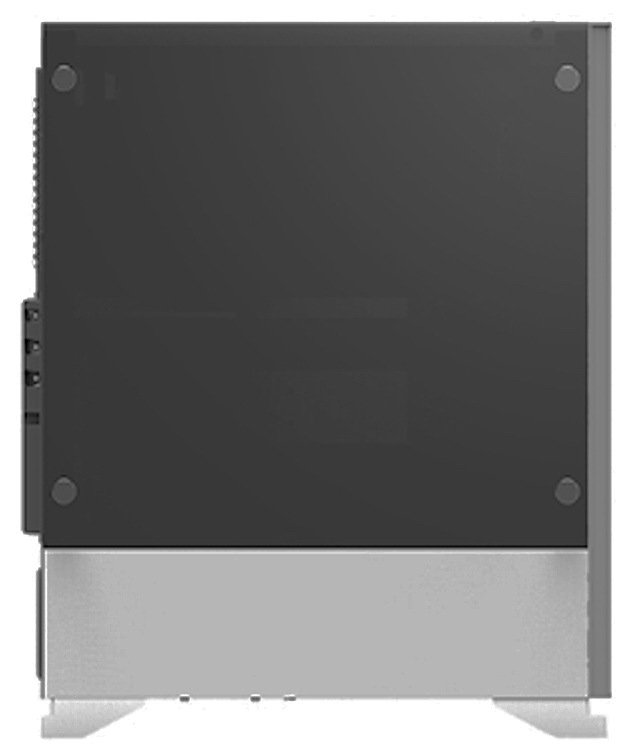 Case Zalman S5 bílá Na obrázku je boční pohled na PC skříň Zalman S5, bílá. Vidíte velkou tmavou průhlednou bočnici (tónované sklo), která je přichycená čtyřmi kulatými šrouby v rozích. Ve spodní části je neprůhledný kryt zakrývající prostor pro zdroj a kabeláž. Skříň stojí na nízkých nožkách a po pravém okraji je patrný rámeček předního panelu.