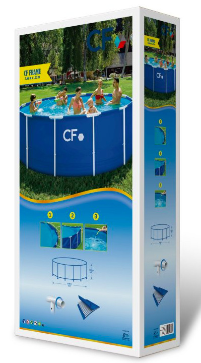 Balení bazénu CF FRAME 366 x 122 cm modrý s náhledem konstrukce a připojení filtrace