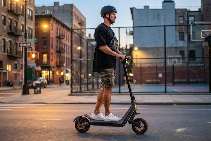 Elektrická koloběžka Sencor SCOOTER S80 černá Muž na elektrické koloběžce Sencor SCOOTER S80 projíždí městem za soumraku. Integrované osvětlení a stabilní konstrukce přispívají k pohodlné a bezpečné jízdě v městském provozu.