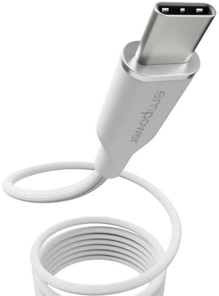Bílý kabel s konektorem USB-C a nápisem empower.