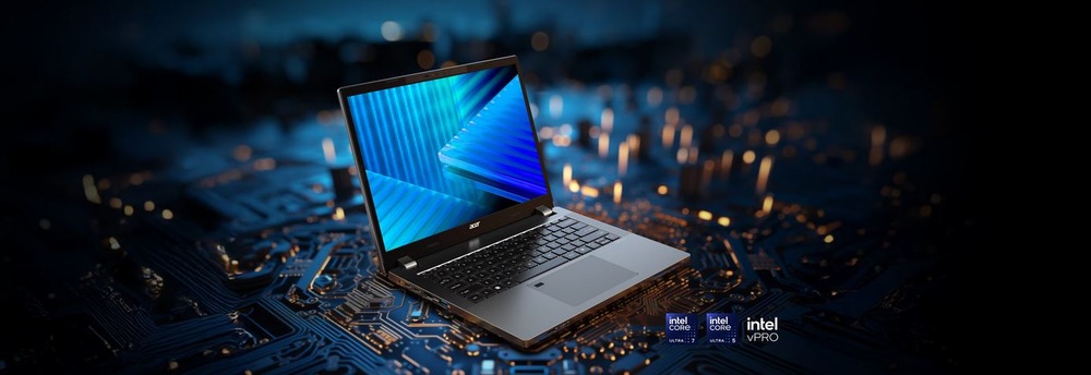 Elegantní notebook s jasně modrou obrazovkou je umístěn na pozadí s obvodovou deskou, což vyzařuje high-tech profesionální dojem. Vidíme loga Intel Core a Intel vPro.