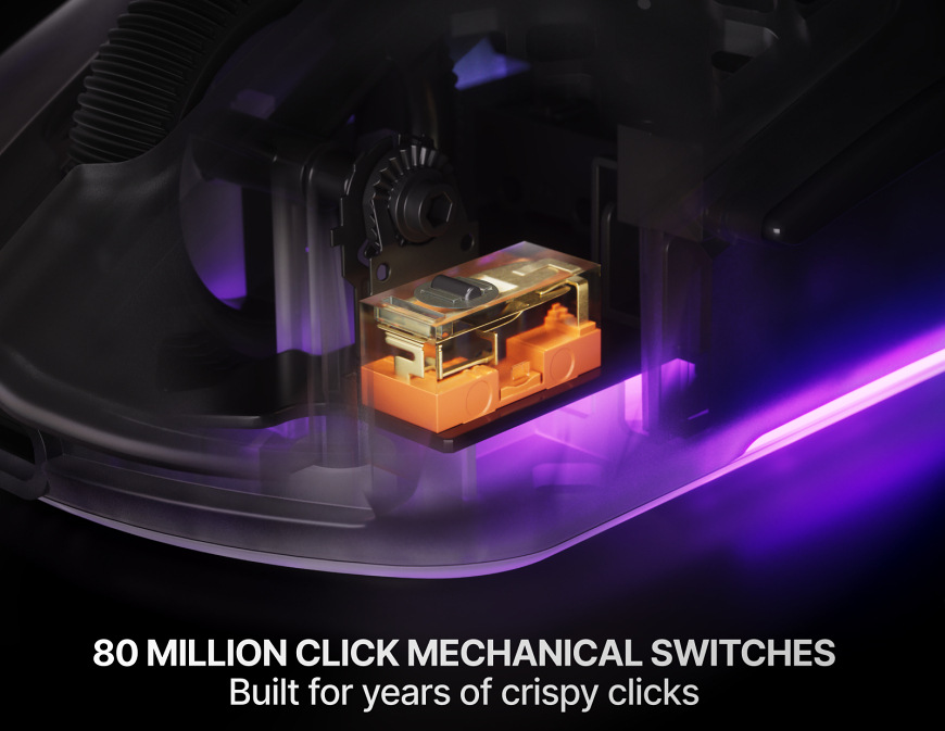 Detail mechanického spínače s životností 80 milionů kliknutí