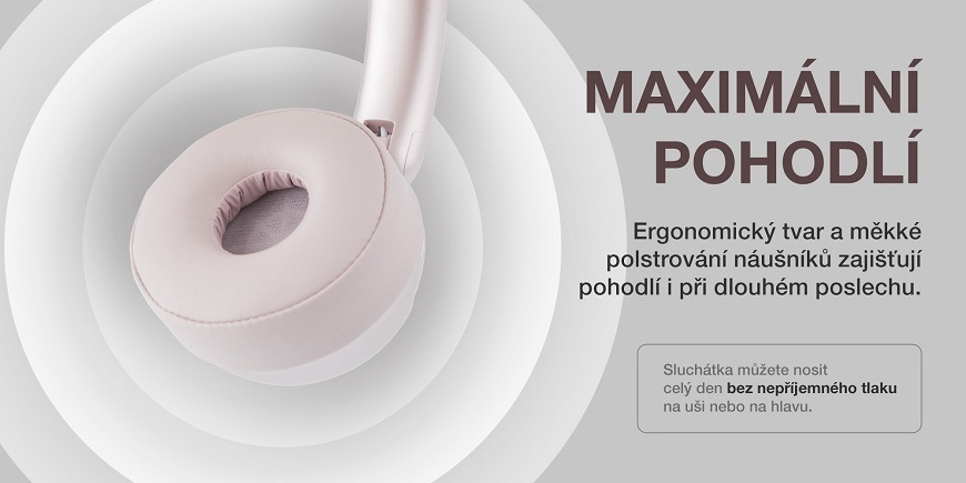 Detailní záběr na ergonomické a měkké polstrování náušníku sluchátek Hyundai HBTM 50RT. Text zdůrazňuje Maximální pohodlí, které umožňuje celodenní nošení bez nepříjemného tlaku