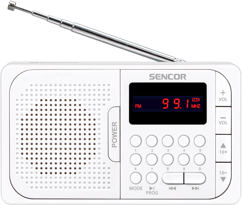 Radiopřijímač Sencor SRD 216WH bílý Přenosné rádio Sencor s teleskopickou anténou a klávesnicí předvoleb, čelní pohled.