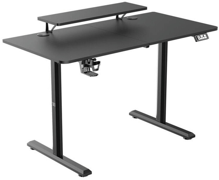černý elektrický výškově nastavitelný stůl ULTRADESK Highlander s policí na monitor a ovládacím panelem