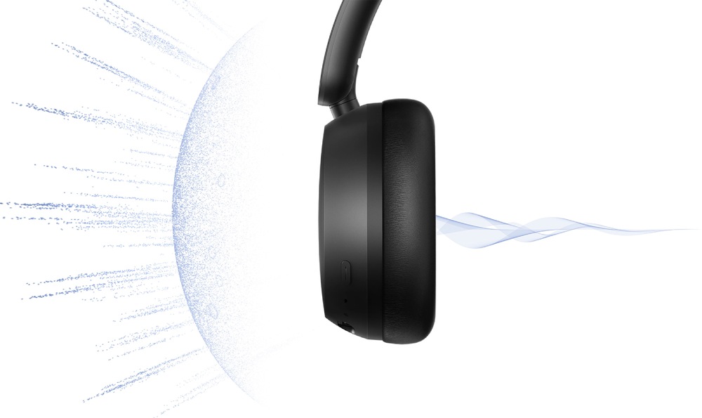 Sluchátka Xiaomi REDMI Headphones Neo Obsidian černá Detail sluchátka Xiaomi REDMI Headphones Neo se zvukovými vlnami symbolizujícími potlačení hluku