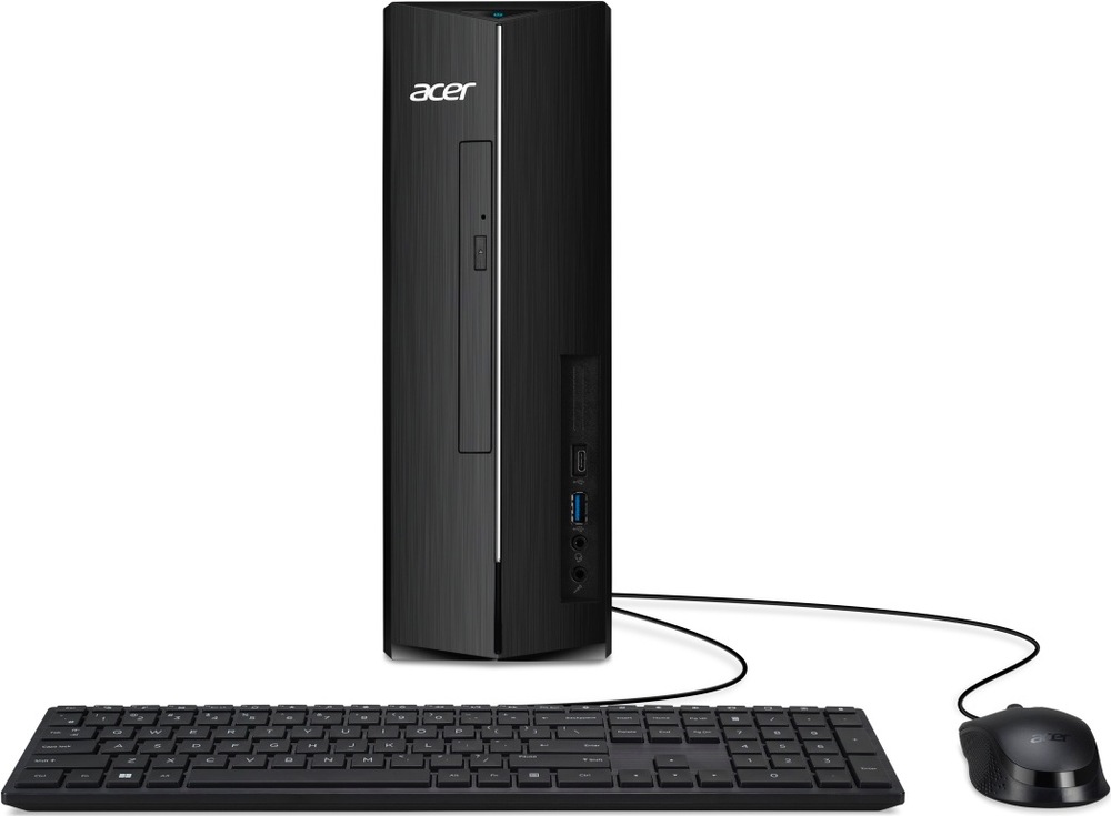 Stolní počítač Acer Aspire XC-1715 černý Na obrázku je stolní počítač Acer Aspire XC-1715 v černém provedení společně s drátovou klávesnicí a myší. Úzká svislá skříň má na přední straně logo Acer, optickou mechaniku, USB porty a audio konektory. Před počítačem je plnohodnotná klávesnice s numerickou částí a vpravo kompaktní černá myš. Obrázek znázorňuje kompletní základní počítačovou sestavu.