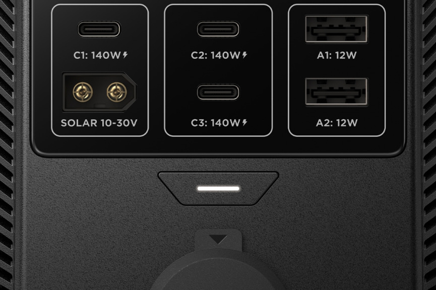 Detail pěti USB portů a solárního vstupu bateriové stanice EcoFlow TRAIL 300 Plus