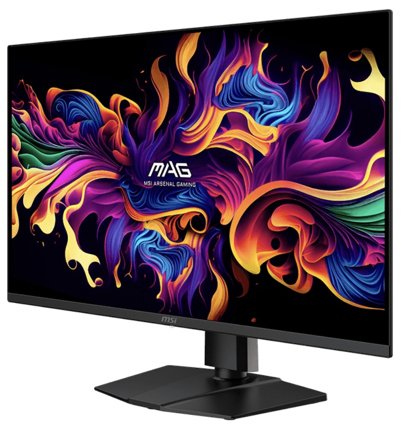 Černý herní monitor MSI MAG 321UP QD-OLED X24 z předního bočního pohledu