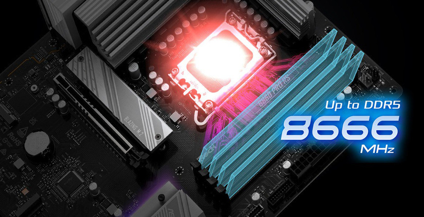 Detail slotů DDR5 na základní desce ASRock B860 Pro RS WiFi s podporou frekvencí až 8666 MHz