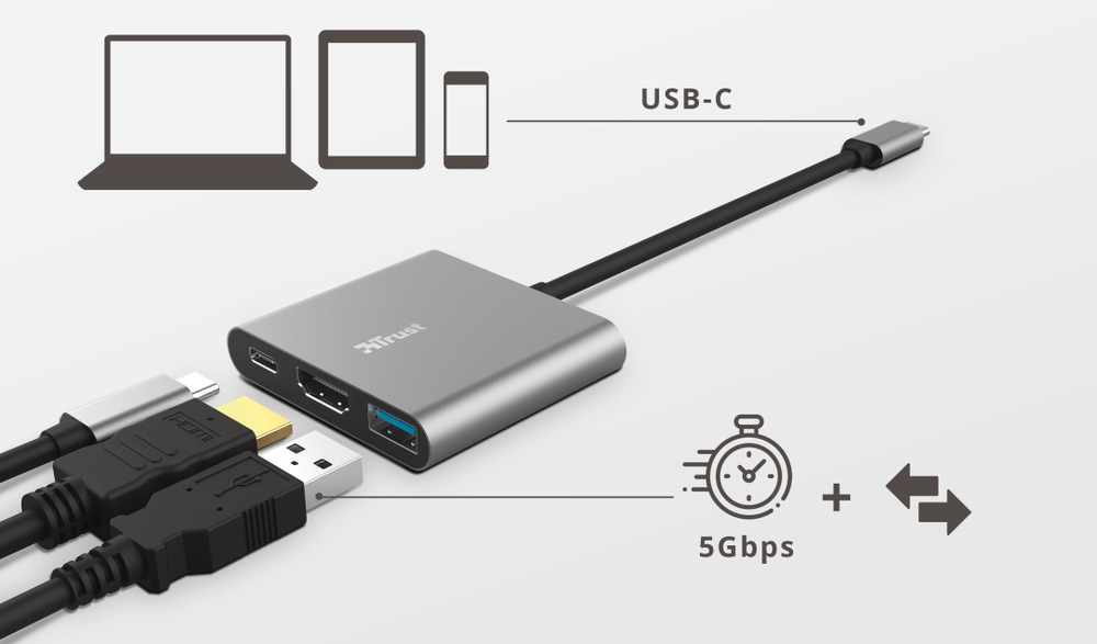 USB Hub Trust Dalyx 3v1 USB-C/USB, HDMI, USB-C PD 100W šedý
