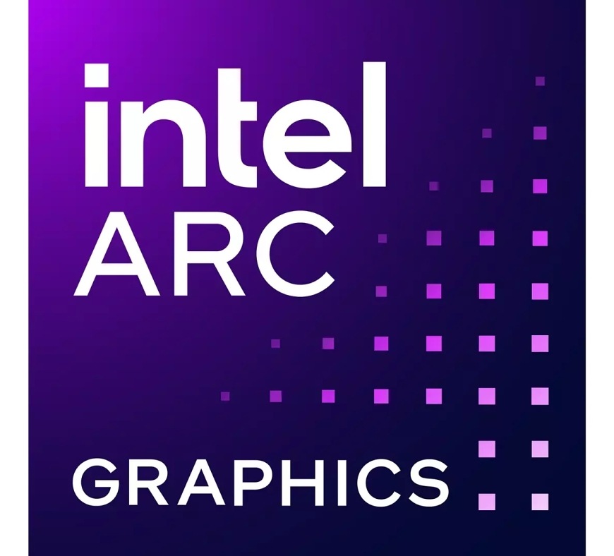 Procesor Intel Core Ultra 7 270K Plus Logo Intel Arc Graphics na fialovém pozadí symbolizující integrovanou grafiku