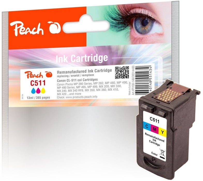 CMY inkoustová náplň Peach Canon CL-511 s výtěžností 385 stran