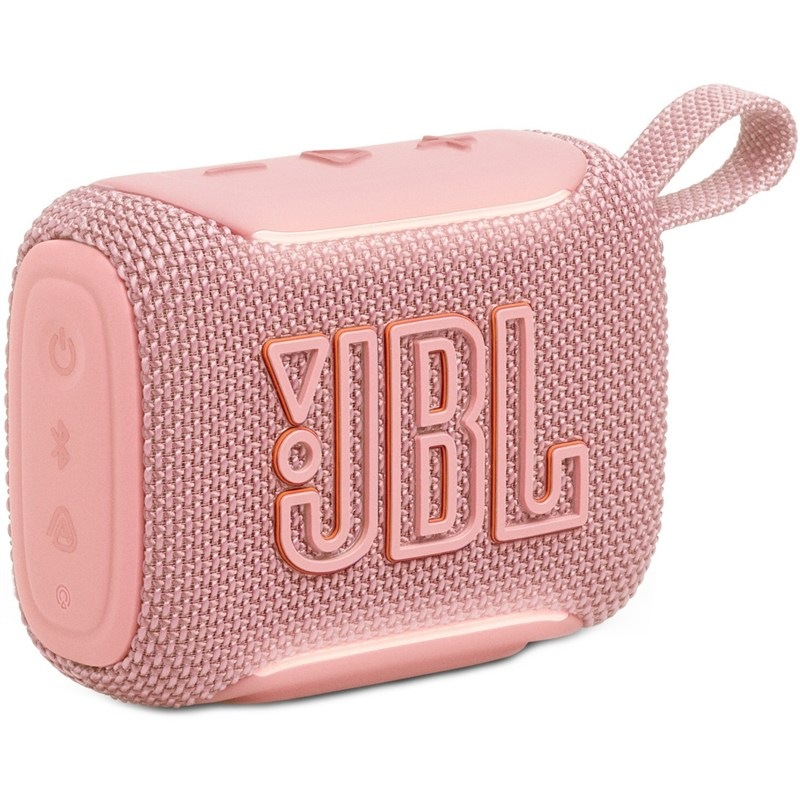 Přenosný reproduktor JBL GO5 v růžové barvě.