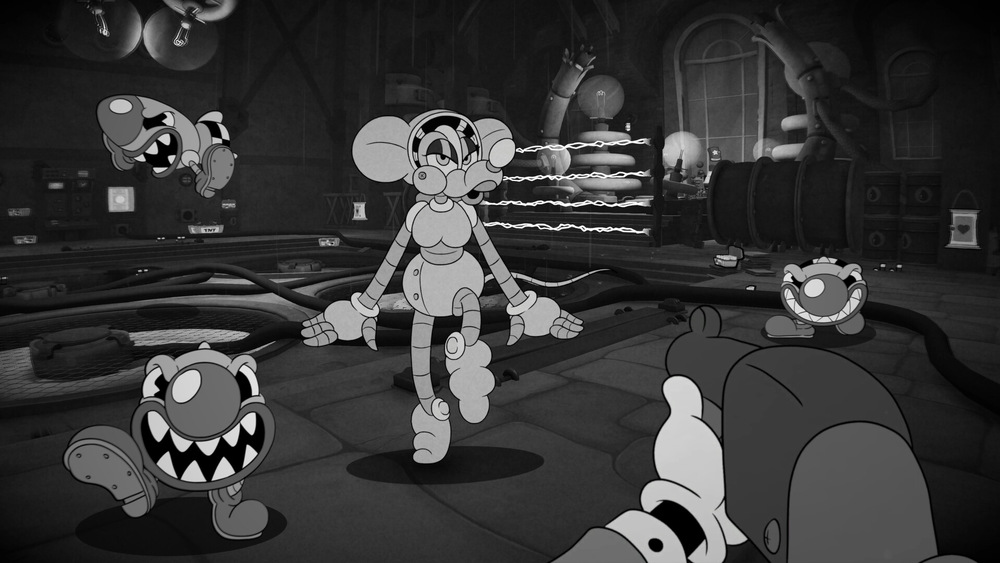 Kreslená scéna s postavou ve stylu 30. let, která čelí zuřivým, karikaturním nepřátelům v průmyslovém prostředí. Stupně šedi podtrhují retro atmosféru.