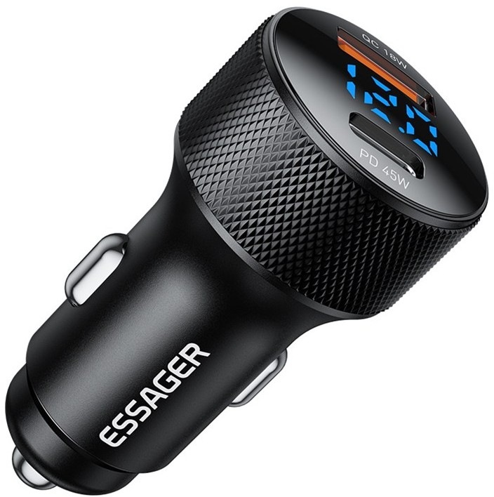 Adaptér do auta Essager s digitálním displejem PD3.0 + QC3.0 45W v černé barvě