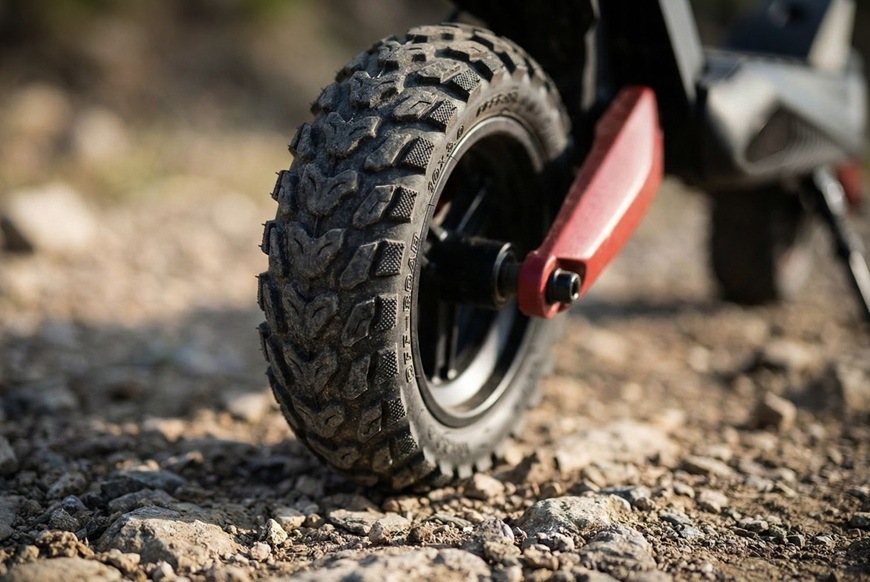 Elektrická koloběžka Sencor SCOOTER X40 černá Detail terénní pneumatiky elektrické koloběžky Sencor SCOOTER X40 na kamenitém povrchu.