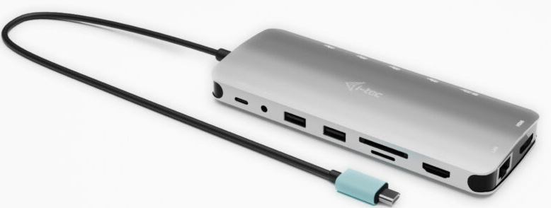 Stříbrná dokovací stanice i‑tec s integrovaným USB‑C kabelem a řadou konektorů po stranách.