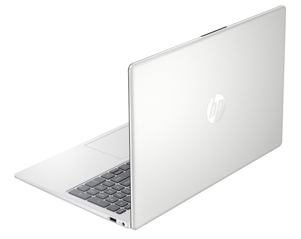 Notebook HP 15-fd1610nc + Game Pass předplatné na 3 měsíce stříbrný Notebook HP 15-fd1600nc otevřený a otočený zezadu