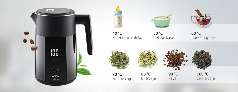 Rychlovarná konvice ETA Etela 9596 90000 černá Rychlovarná konvice ETA Etela s nastavením teploty: 40 °C pro kojenecké mléko, 50 °C pro kaše, 60 °C pro horké nápoje a 70–100 °C pro zelené, bílé a černé čaje či kávu