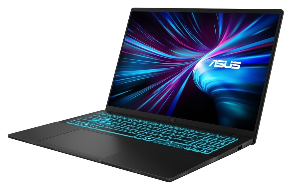 Otevřený a zapnutý notebook Asus V16 otočený doleva