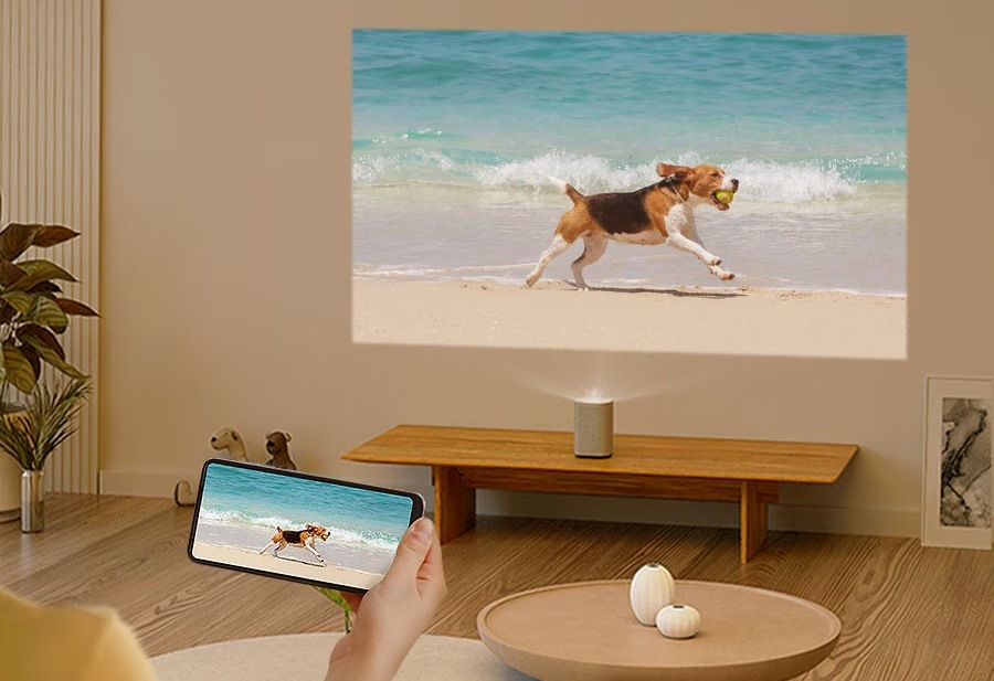 Laser TV Samsung SP-LPF5DSA The Premiere 5 promítá na zeď záběr psa běžícího po pláži, v popředí lidská ruka drží mobilní telefon, na jehož obrazovce je stejný záběr