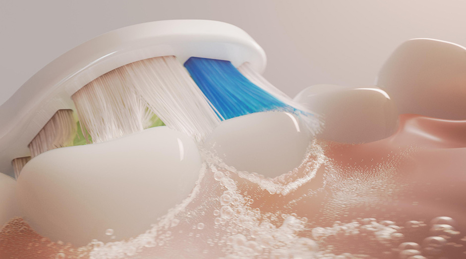 Detailní pohled na kartáček Sonicare, který čistí zuby