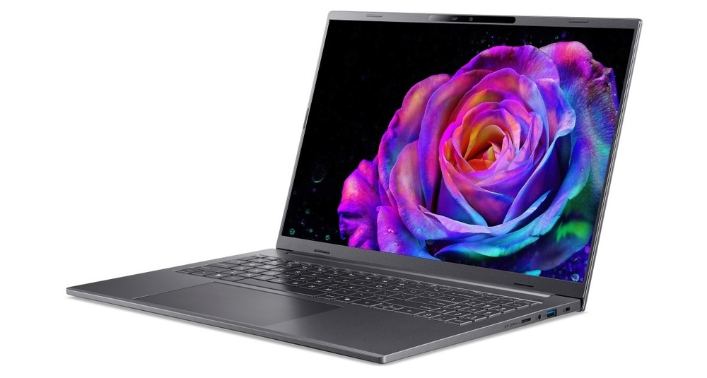 Notebook Acer Aspire 16 AI (A16-52M-57C6) šedý Notebook Acer Aspire 16 AI otevřený a otočený doleva
